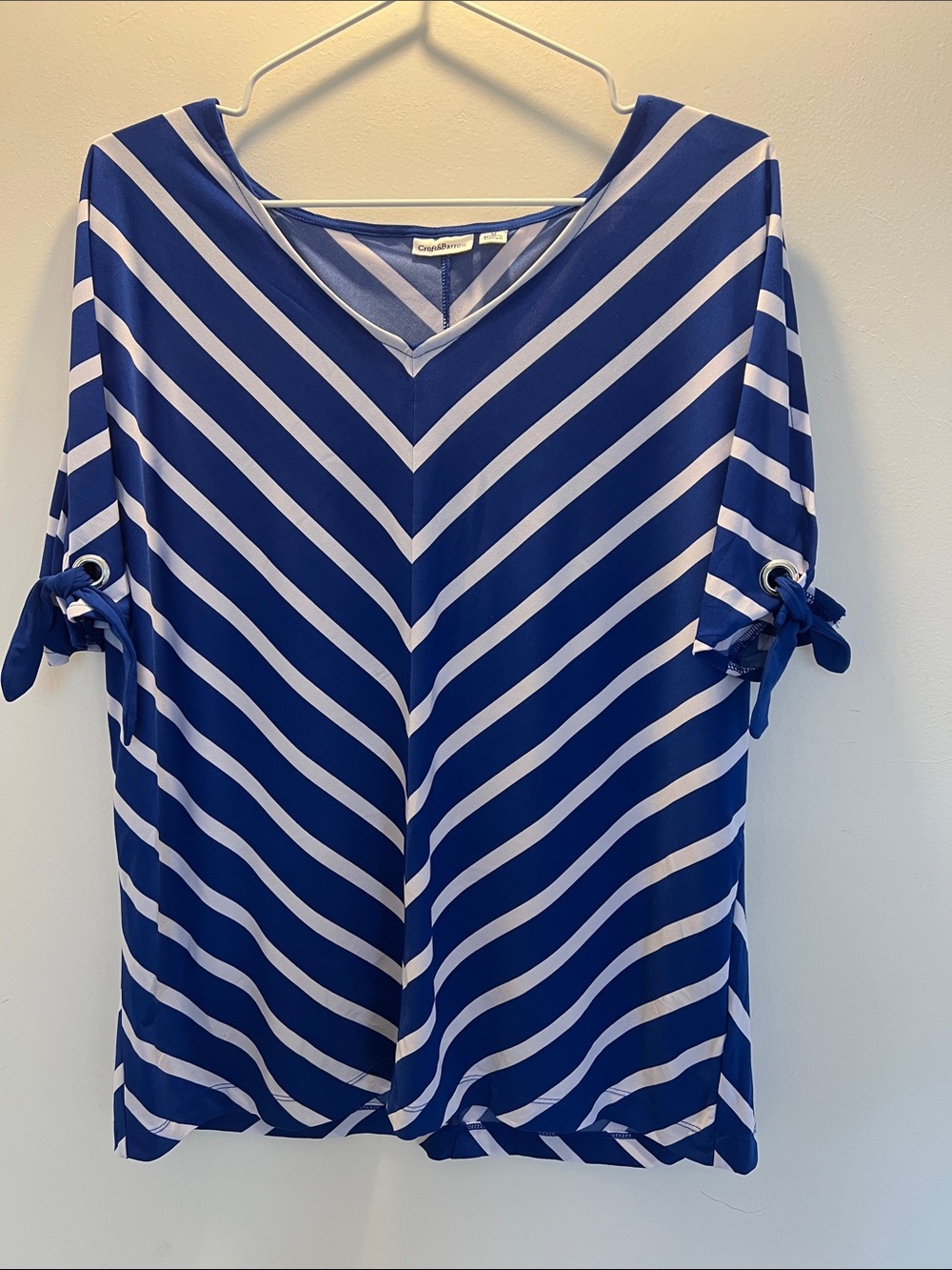 croft & barrow Royal Blue & White Striped V-Neck Top with Sleeve Tie Detail